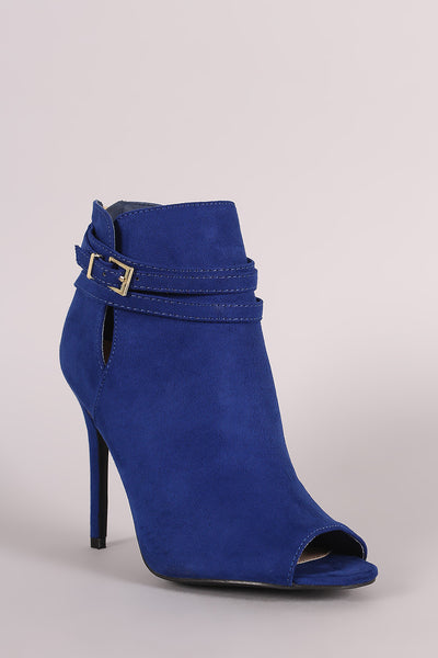 Qupid Suede Strappy Buckled Peep Toe Stiletto Booties