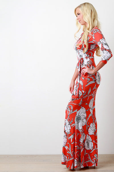 Floral and Leaves Surplice Maxi Dress