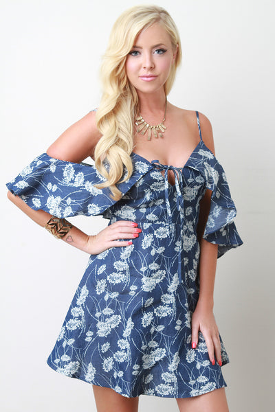 Floral Print Cold Shoulder Ruffle Skater Dress