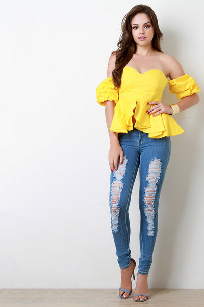 Ruffled Sleeves Peplum Tube Top