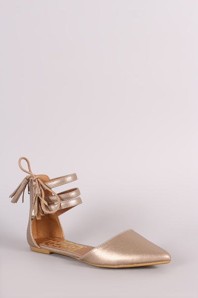 Qupid Metallic Triple Ankle Strap Lace-Up Dorsay Flat