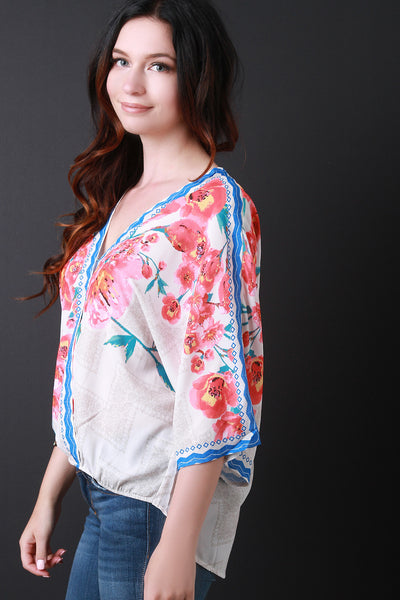 Dolman Sleeve Floral Print Surplice Top