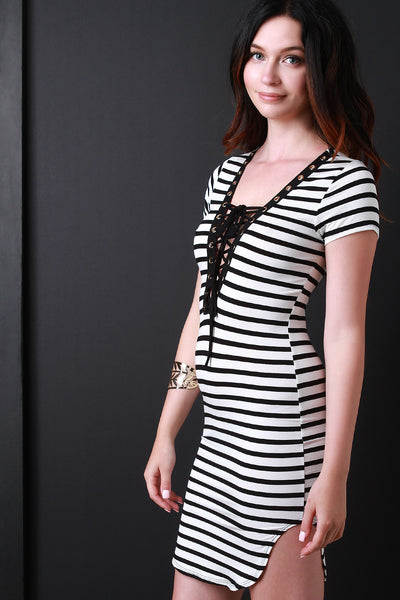 Striped Deep V Lace Up Tee Shirt Dress