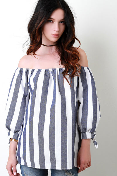 Stripes Off The Shoulder Bow Cuffed Sleeves Top