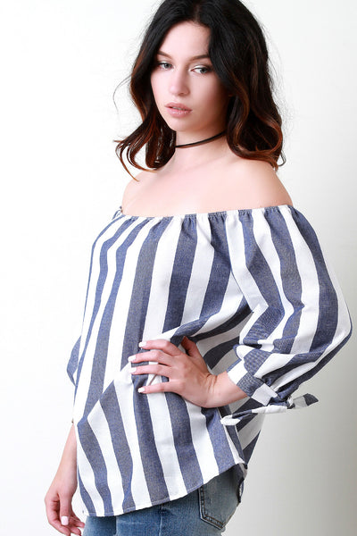 Stripes Off The Shoulder Bow Cuffed Sleeves Top