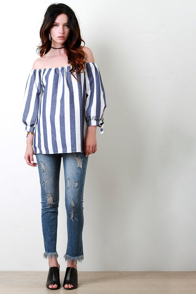 Stripes Off The Shoulder Bow Cuffed Sleeves Top