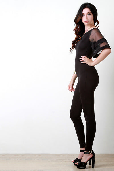 Scuba Contrast Mesh Bell Sleeves Jumpsuit