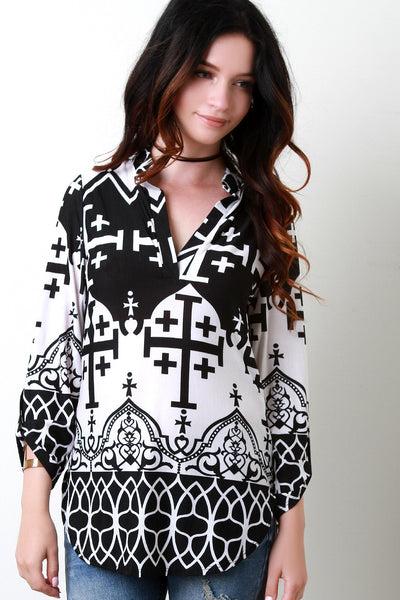 Crosses and Patterns Longsleeves Placket Top