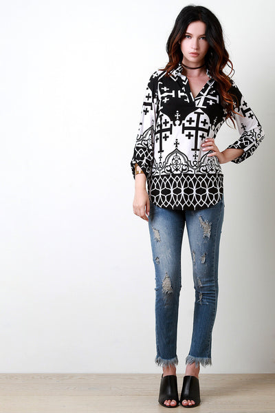 Crosses and Patterns Longsleeves Placket Top