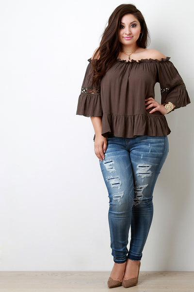 Off The Shoulder Crochet Inset Bell Sleeves Ruffled Top