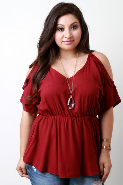 Ruffle Cold Shoulder Ruched Midriff Top