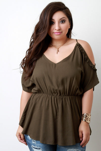 Ruffle Cold Shoulder Ruched Midriff Top