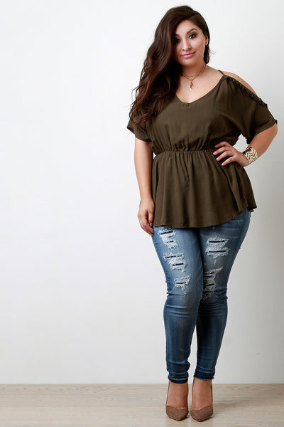 Ruffle Cold Shoulder Ruched Midriff Top