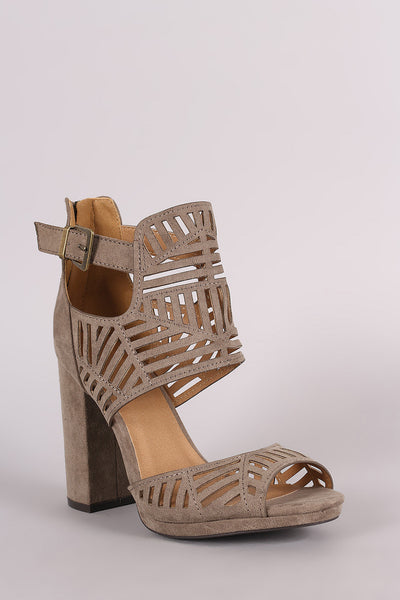 Qupid Perforated Ankle Cuff Peep Toe Chunky Heel