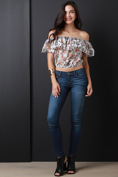 Semi-Sheer Off the Shoulder Floral Stems Crop Top