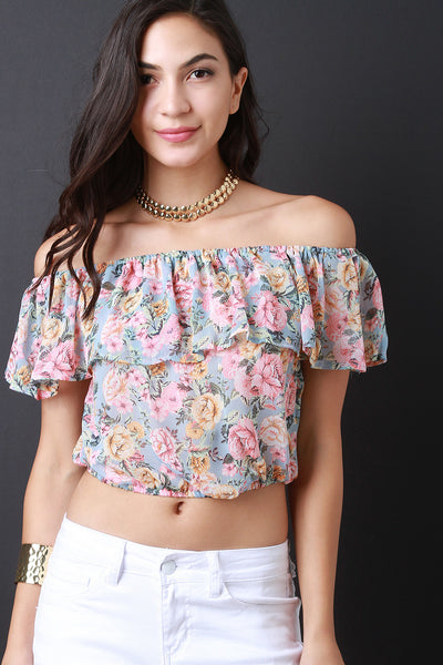 Semi-Sheer Off the Shoulder Floral Crop Top