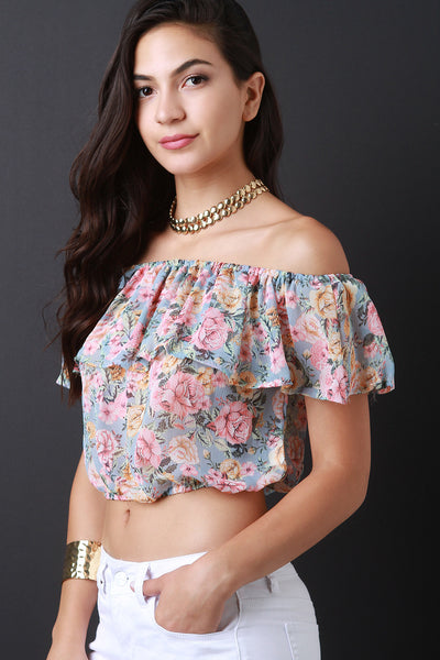 Semi-Sheer Off the Shoulder Floral Crop Top