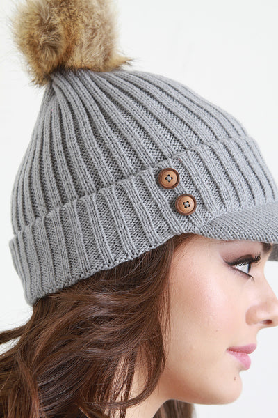 Fur Pom Pom Button Beanie