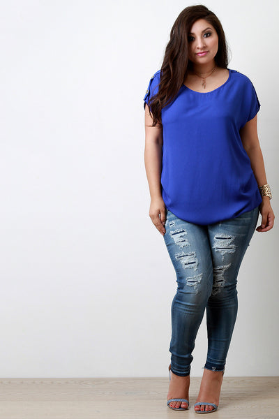 Solid Woven Button Accent Shoulder Dolman Top