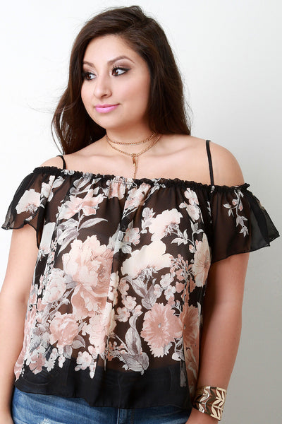 Floral Printed Chiffon Cold Shoulder Top