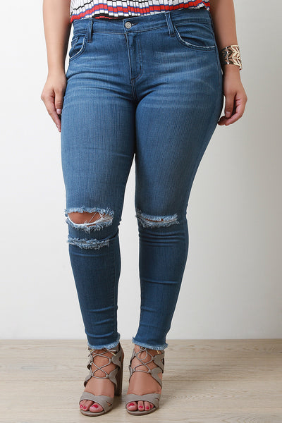 Mid Rise Distress Frayed Hem Jeans