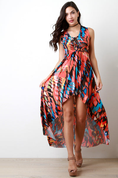 Abstract Neon V-Neck Lace Up Maxi Dress