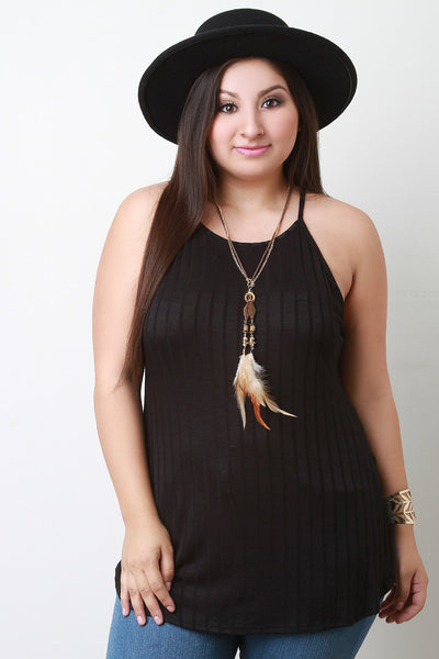 Feather Necklace Ribbed Trapeze Top