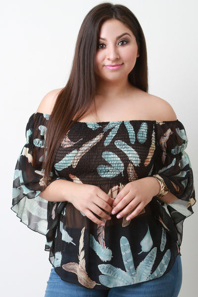 Off The Shoulder Feather Print Chiffon Top