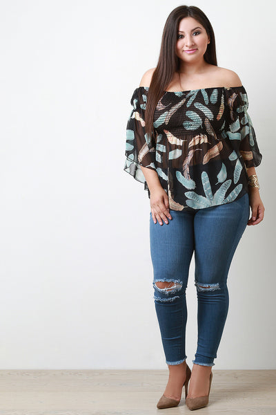 Off The Shoulder Feather Print Chiffon Top