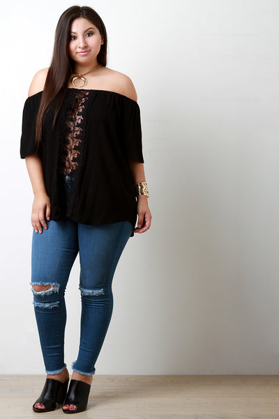 Off The Shoulder Crochet Lace Leaves Panel Top