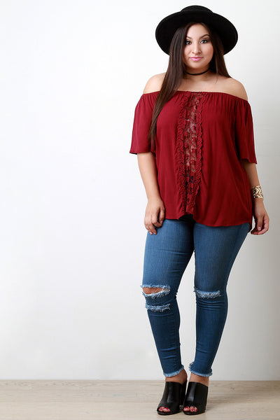 Off The Shoulder Crochet Lace Leaves Panel Top