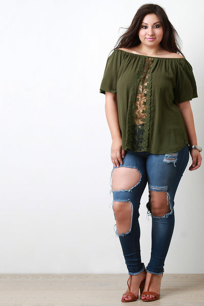 Off The Shoulder Crochet Lace Leaves Panel Top