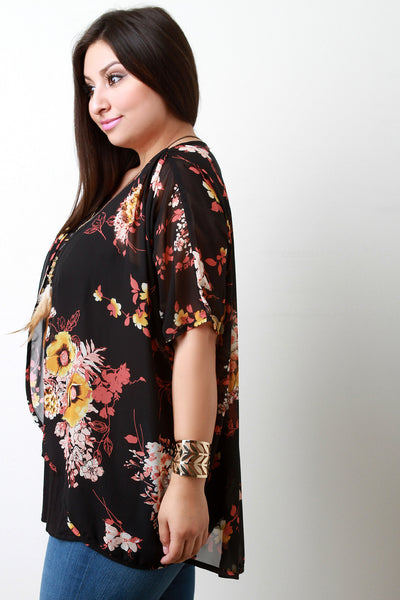 Floral Print Chiffon Dolman Sleeves Kimono