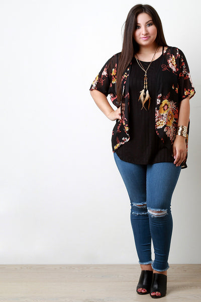 Floral Print Chiffon Dolman Sleeves Kimono