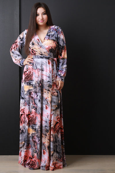 Paint Abstract Print Surplice Long Sleeves Maxi Dress