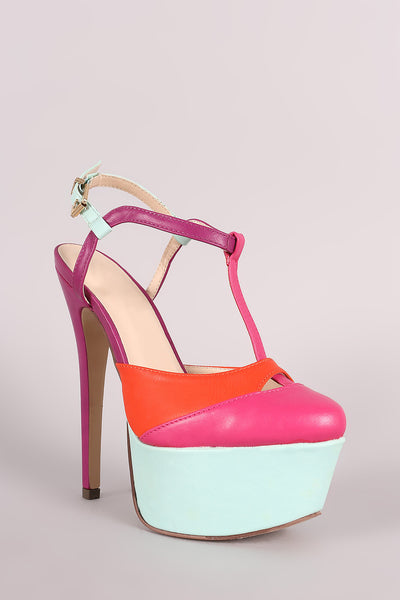 Colorblock T-Strap Chunky Platform Pump