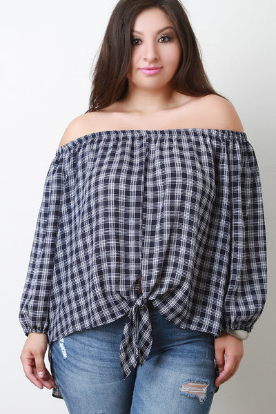 Plaid Self Tie Bardot Top