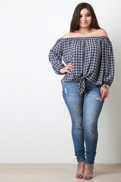 Plaid Self Tie Bardot Top