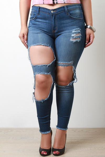 Plus Size Distress Triple Hole Skinny Jeans