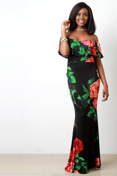 Rosette Printed Off The Shoulder Ruffle Maxi Dress