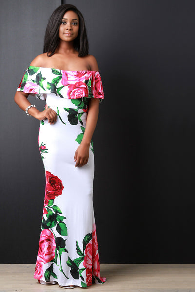 Rosette Printed Off The Shoulder Ruffle Maxi Dress