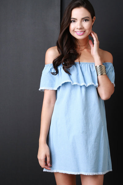 Frayed Ruffle Off the Shoulder Denim Dress