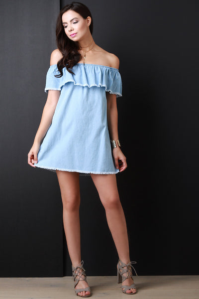 Frayed Ruffle Off the Shoulder Denim Dress