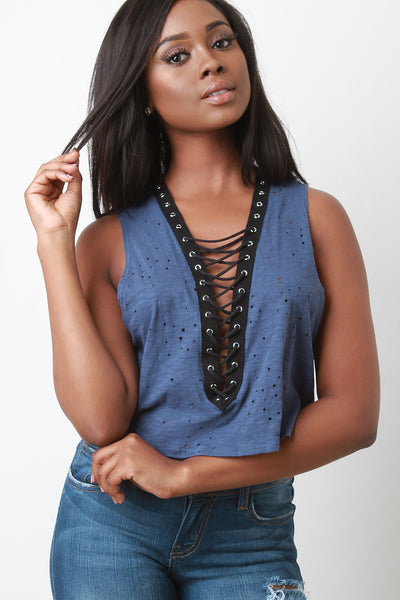 Distressed Deep V Laced Cropped Tee