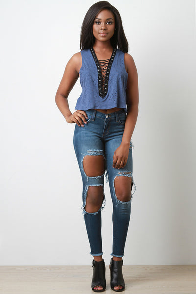 Distressed Deep V Laced Cropped Tee