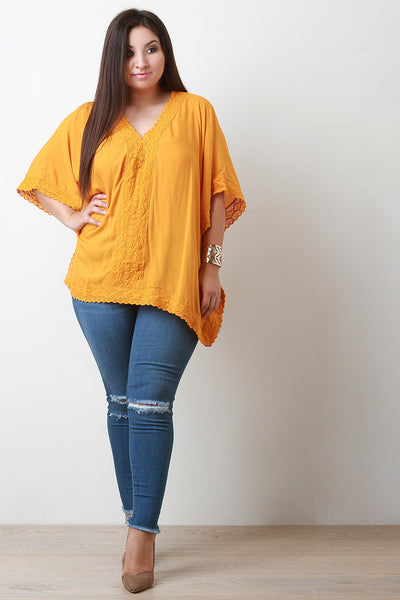 V-Neck Crochet Panel Poncho Top