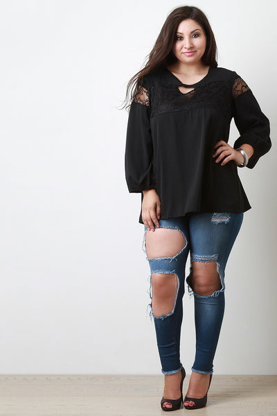 Floral Lace Panel Long Sleeve Top