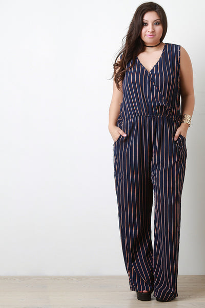 Surplice Pinstripe Sleeveless Jumpsuit