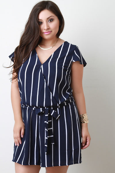 Stripe Flutter-Sleeve Surplice Romper