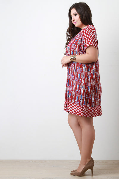 Mixed Pattern Tassel Drawstring Shift Dress